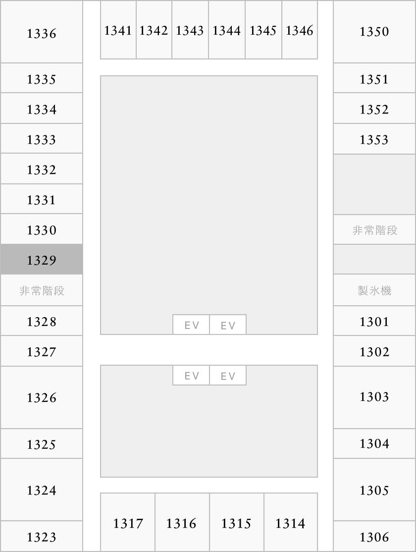 部屋番号1329がハイライトされたフロアマップ