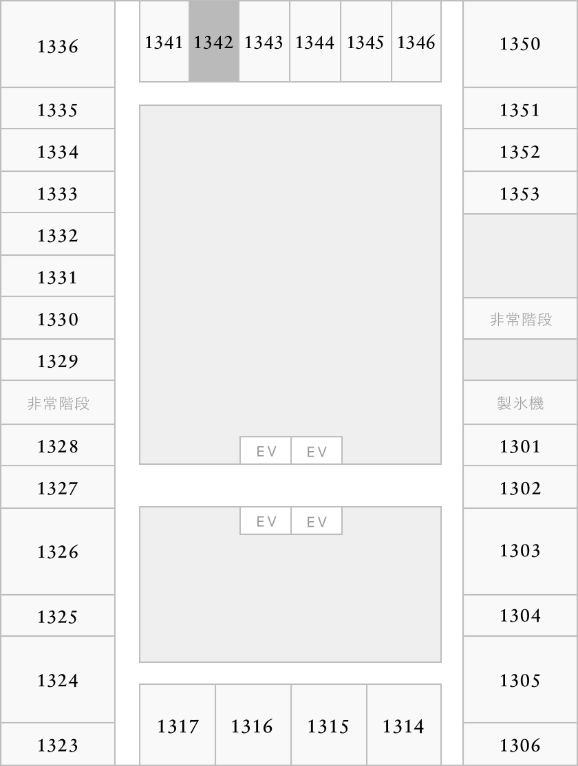 部屋番号1342がハイライトされたフロアマップ